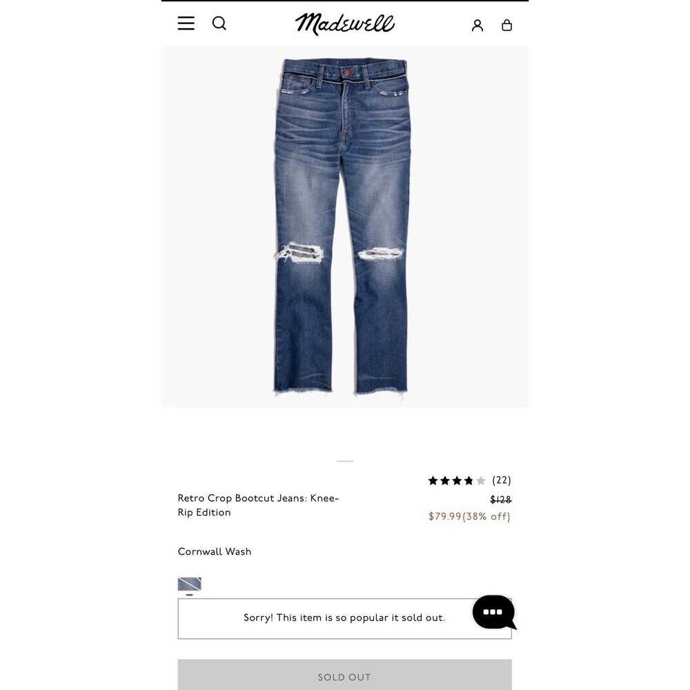 Madewell Retro Crop Bootcut Jeans Women’s 28 Knee-Rip Edition Raw Hem Sold Out - Picture 2 of 10